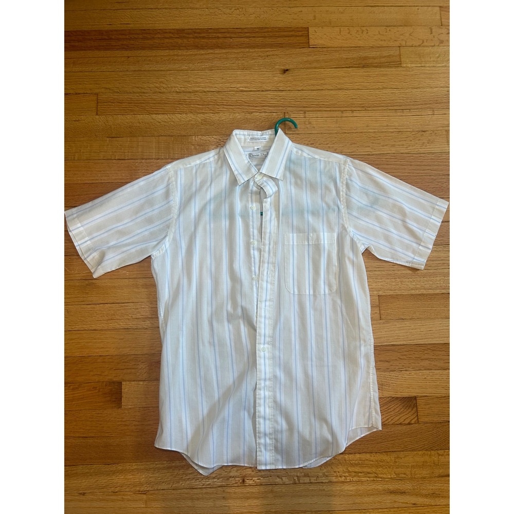 Christian Dior Mens Vintage Blue Tan Striped Short Sleeve Button Down Shirt M